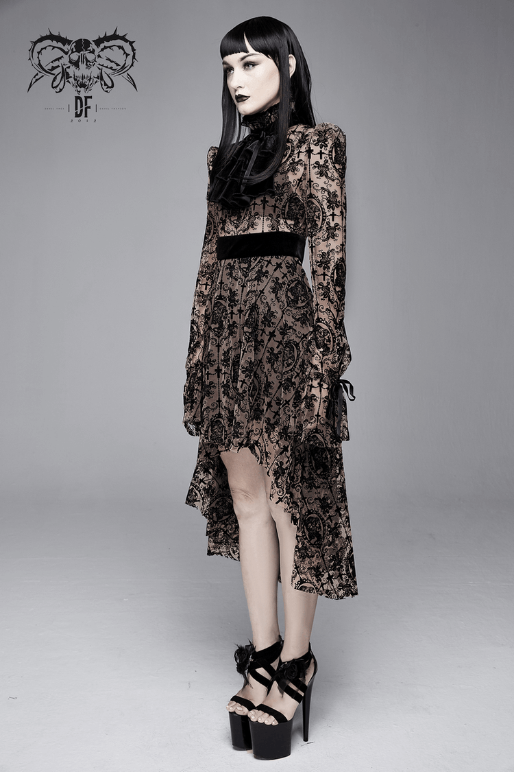 Gothic Asymmetry Hem Long Dress / Fashion Long Sleeves Lace Dress - image 12