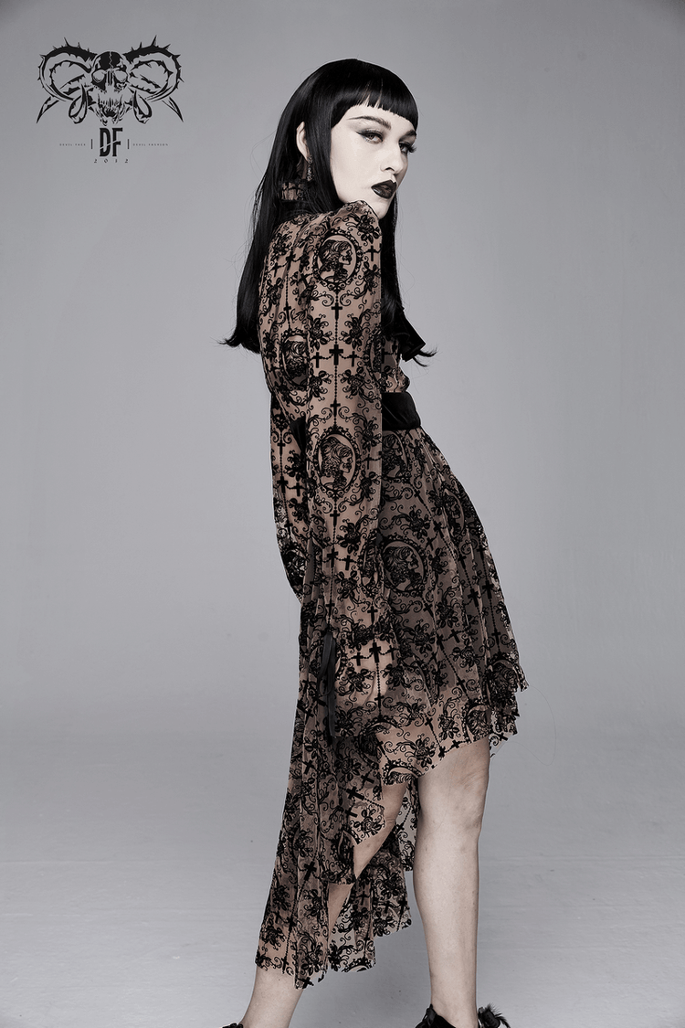 Gothic Asymmetry Hem Long Dress / Fashion Long Sleeves Lace Dress - image 13