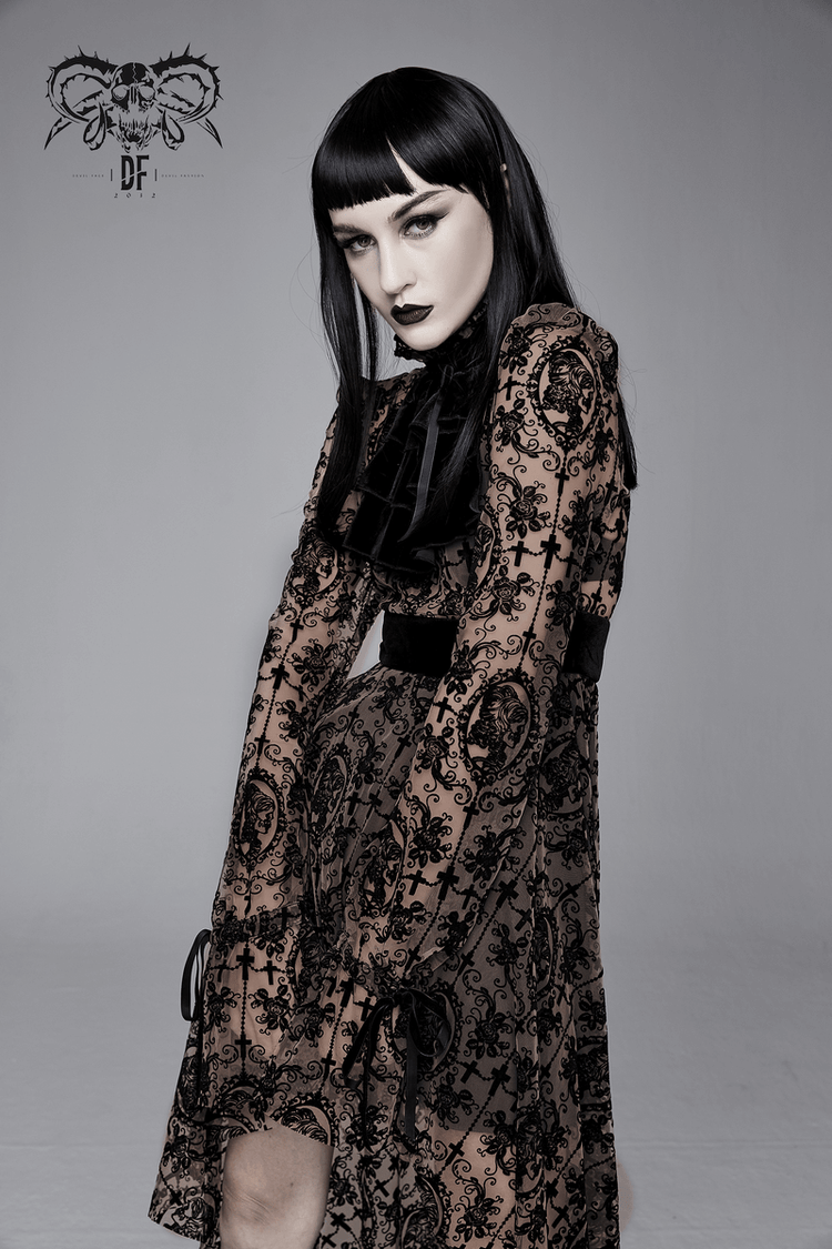 Gothic Asymmetry Hem Long Dress / Fashion Long Sleeves Lace Dress - image 10