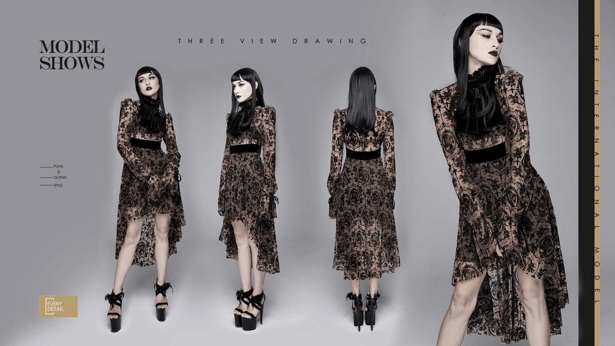 Gothic Asymmetry Hem Long Dress / Fashion Long Sleeves Lace Dress - image 14