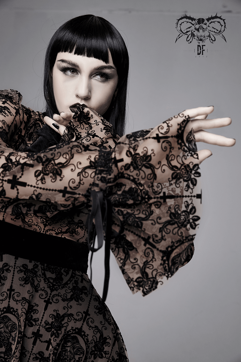 Gothic Asymmetry Hem Long Dress / Fashion Long Sleeves Lace Dress - image 9