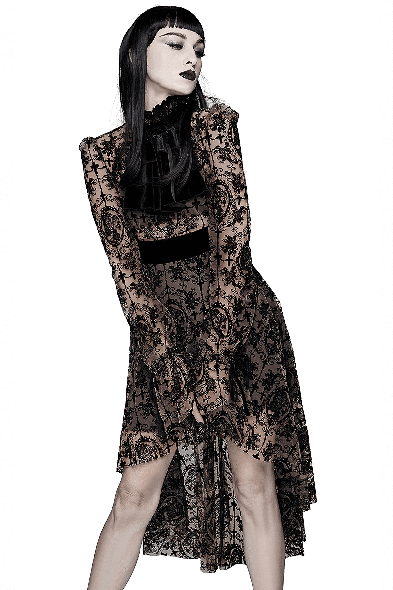Gothic Asymmetry Hem Long Dress / Fashion Long Sleeves Lace Dress - image 1