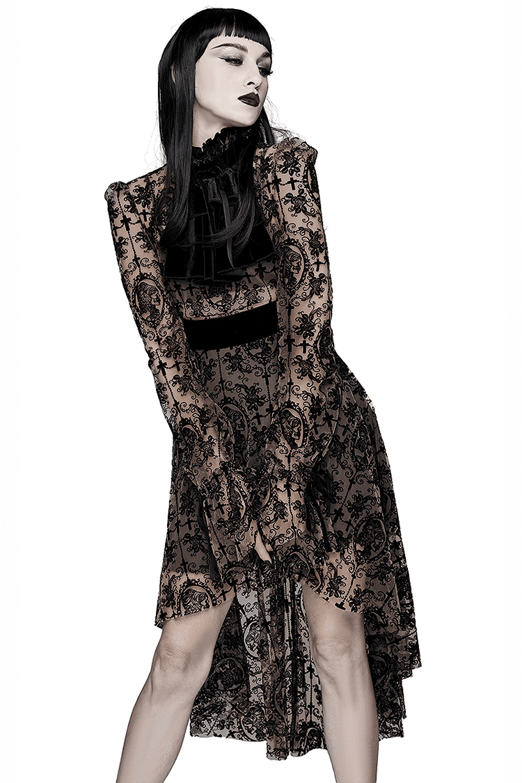 Gothic Asymmetry Hem Long Dress / Fashion Long Sleeves Lace Dress - image 1
