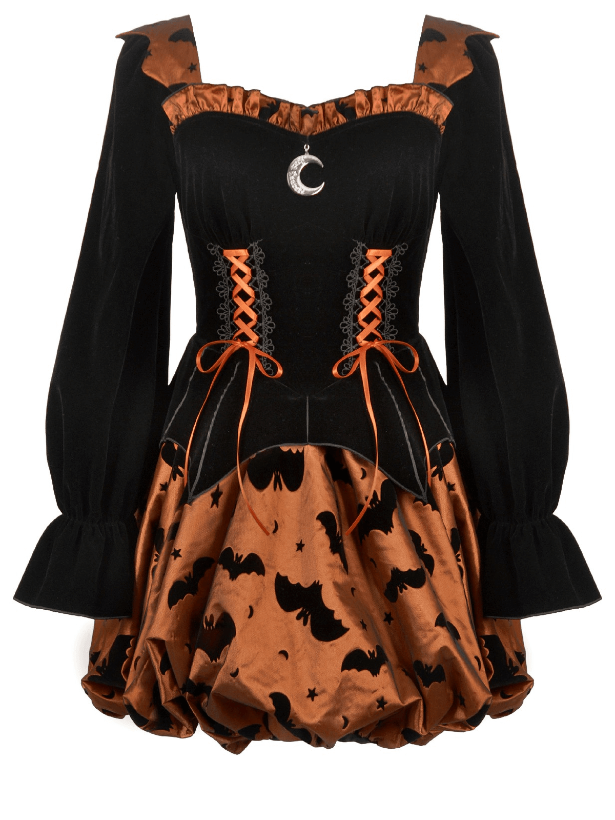 Gothic Bat Print Puff Sleeved Dress with Corset Lacing - image 4