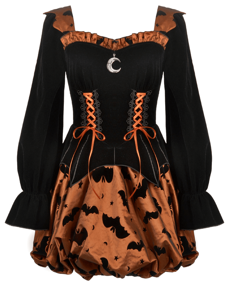 Gothic Bat Print Puff Sleeved Dress with Corset Lacing - image 4