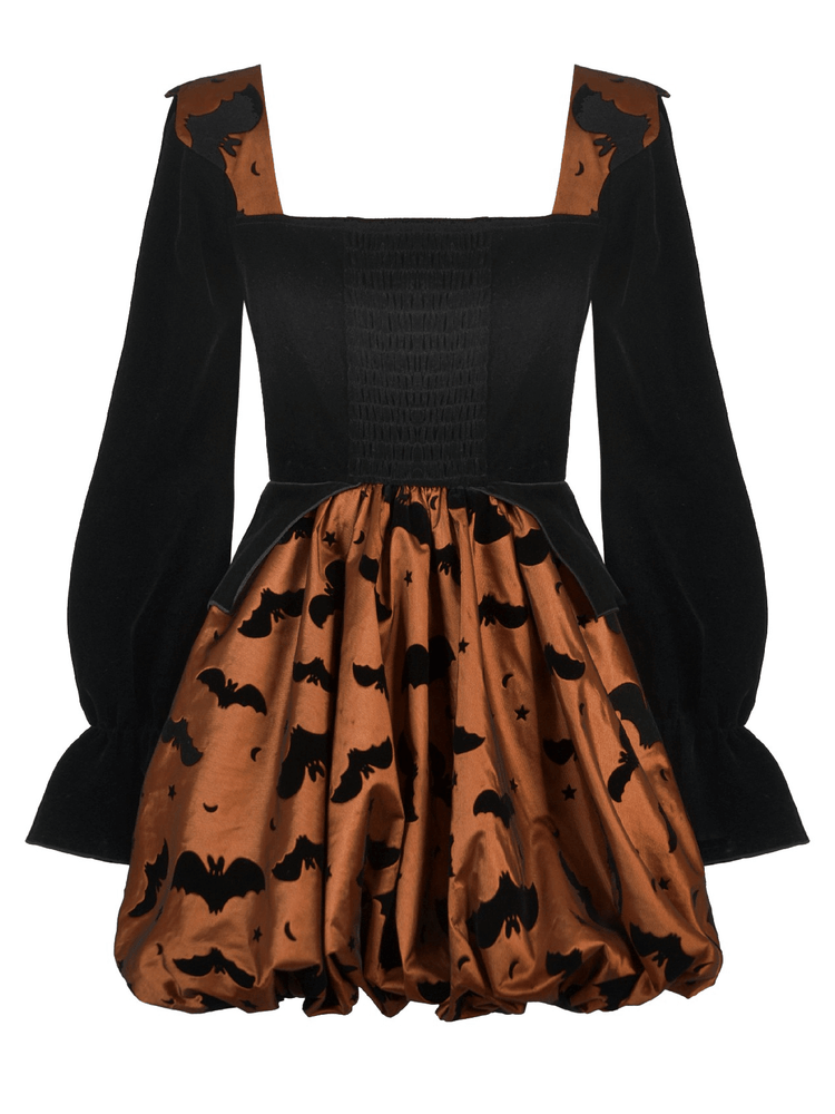 Gothic Bat Print Puff Sleeved Dress with Corset Lacing - image 5