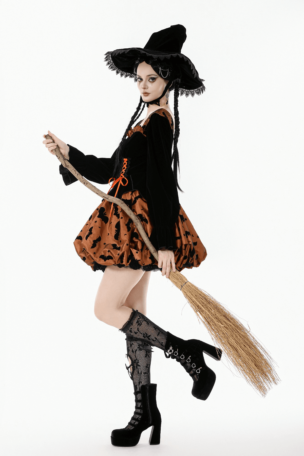 Gothic Bat Print Puff Sleeved Dress with Corset Lacing - image 13