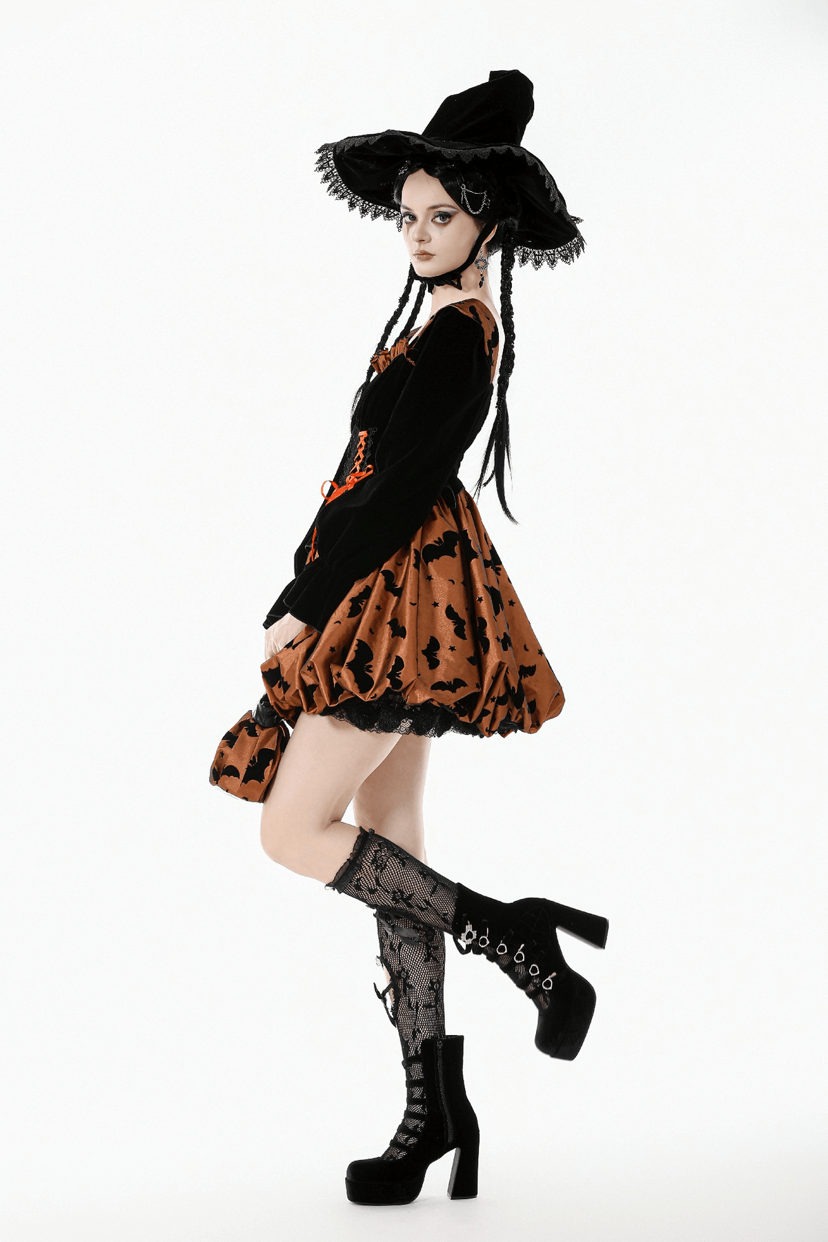Gothic Bat Print Puff Sleeved Dress with Corset Lacing - image 15