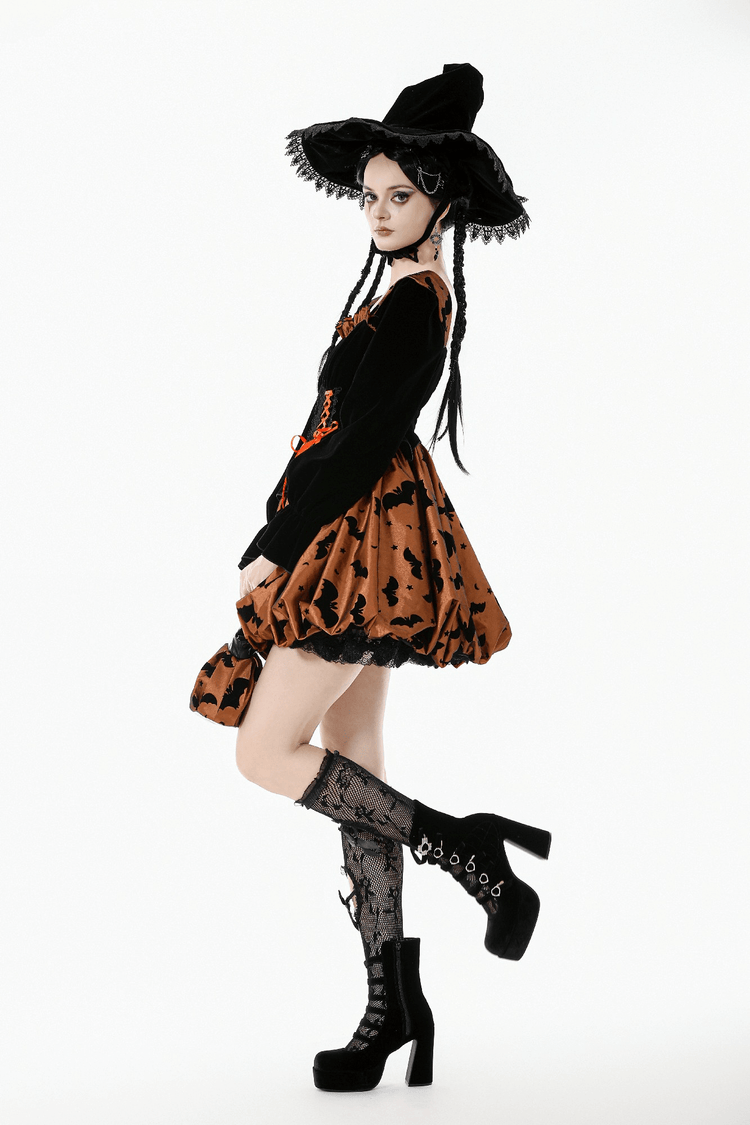 Gothic Bat Print Puff Sleeved Dress with Corset Lacing - image 15