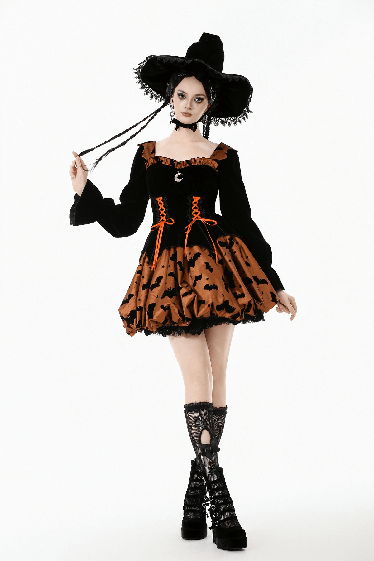 Gothic Bat Print Puff Sleeved Dress with Corset Lacing - image 14