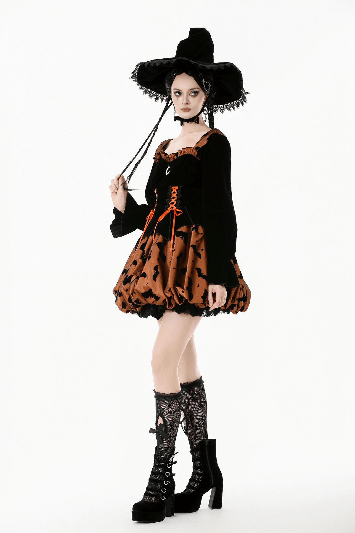 Gothic Bat Print Puff Sleeved Dress with Corset Lacing - image 16