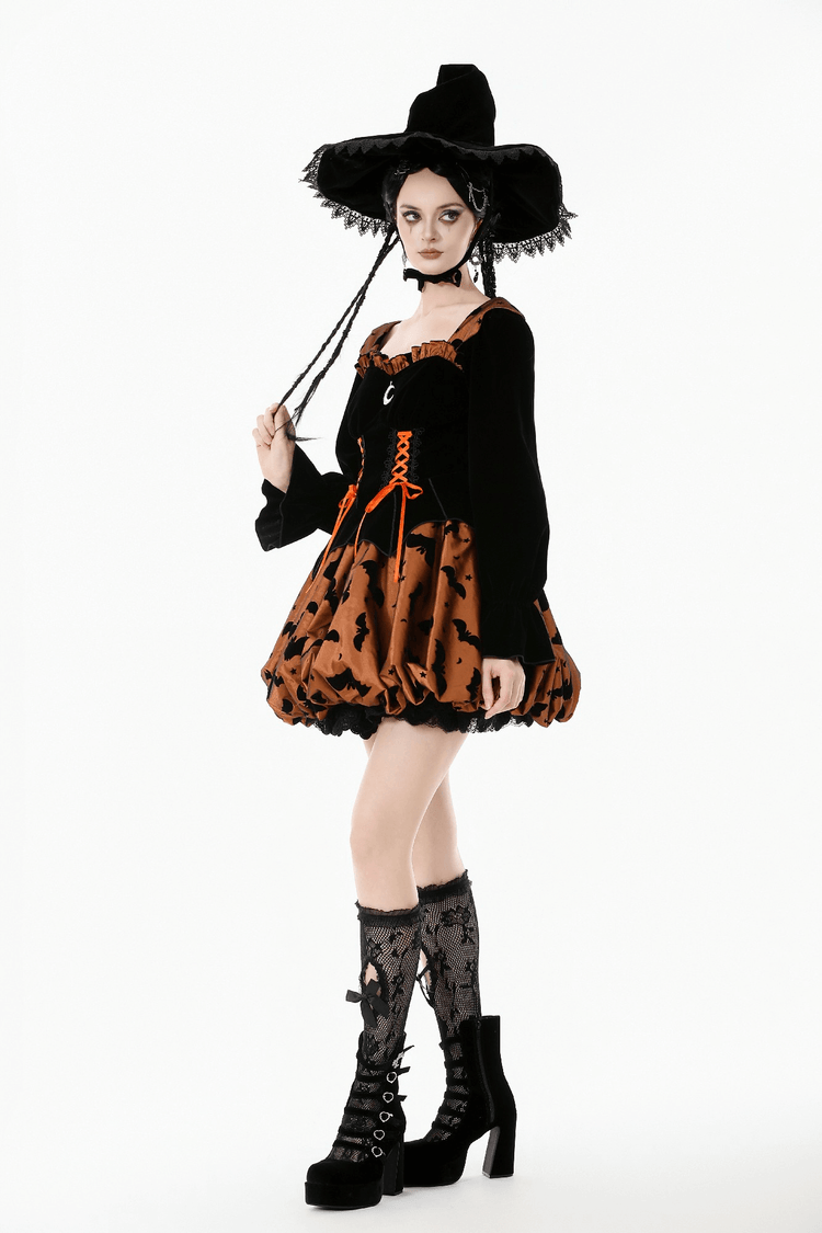 Gothic Bat Print Puff Sleeved Dress with Corset Lacing - image 16
