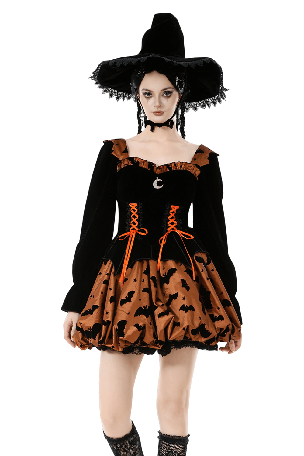 Gothic Bat Print Puff Sleeved Dress with Corset Lacing - image 1