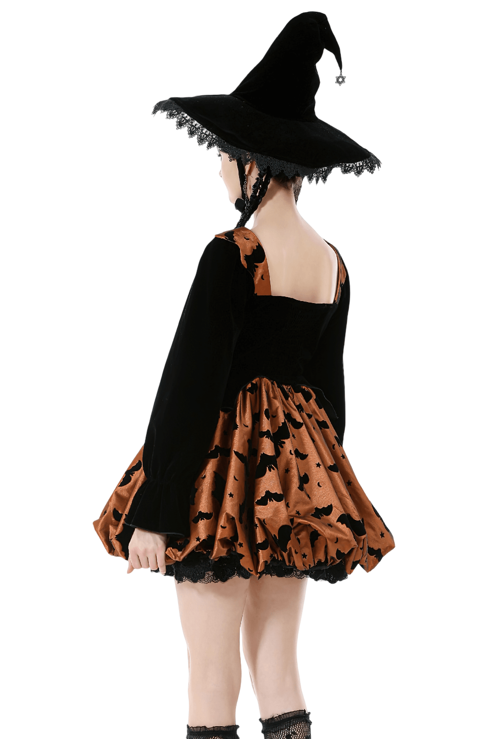 Gothic Bat Print Puff Sleeved Dress with Corset Lacing - image 2