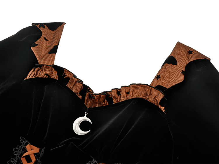 Gothic Bat Print Puff Sleeved Dress with Corset Lacing - image 6