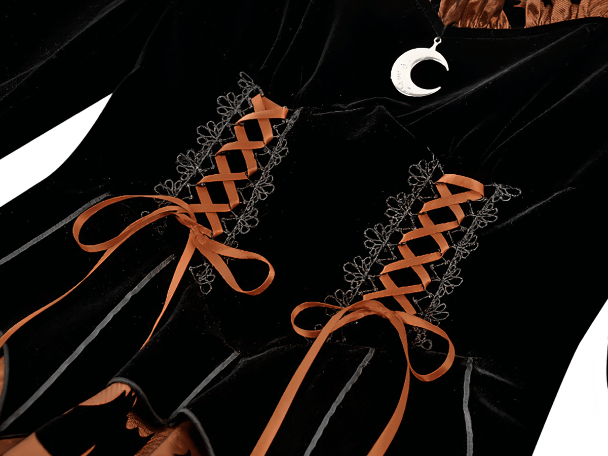 Gothic Bat Print Puff Sleeved Dress with Corset Lacing - image 7