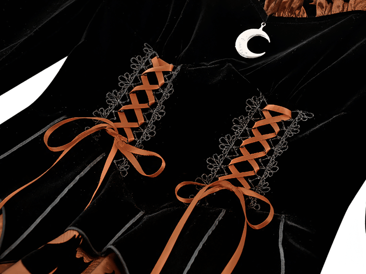 Gothic Bat Print Puff Sleeved Dress with Corset Lacing - image 7