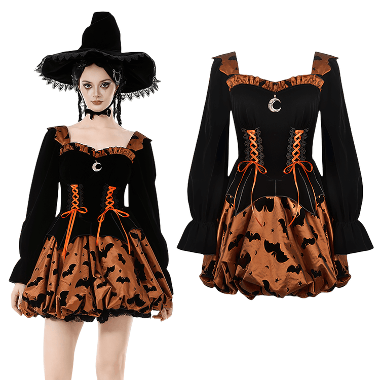 Gothic Bat Print Puff Sleeved Dress with Corset Lacing - image 3