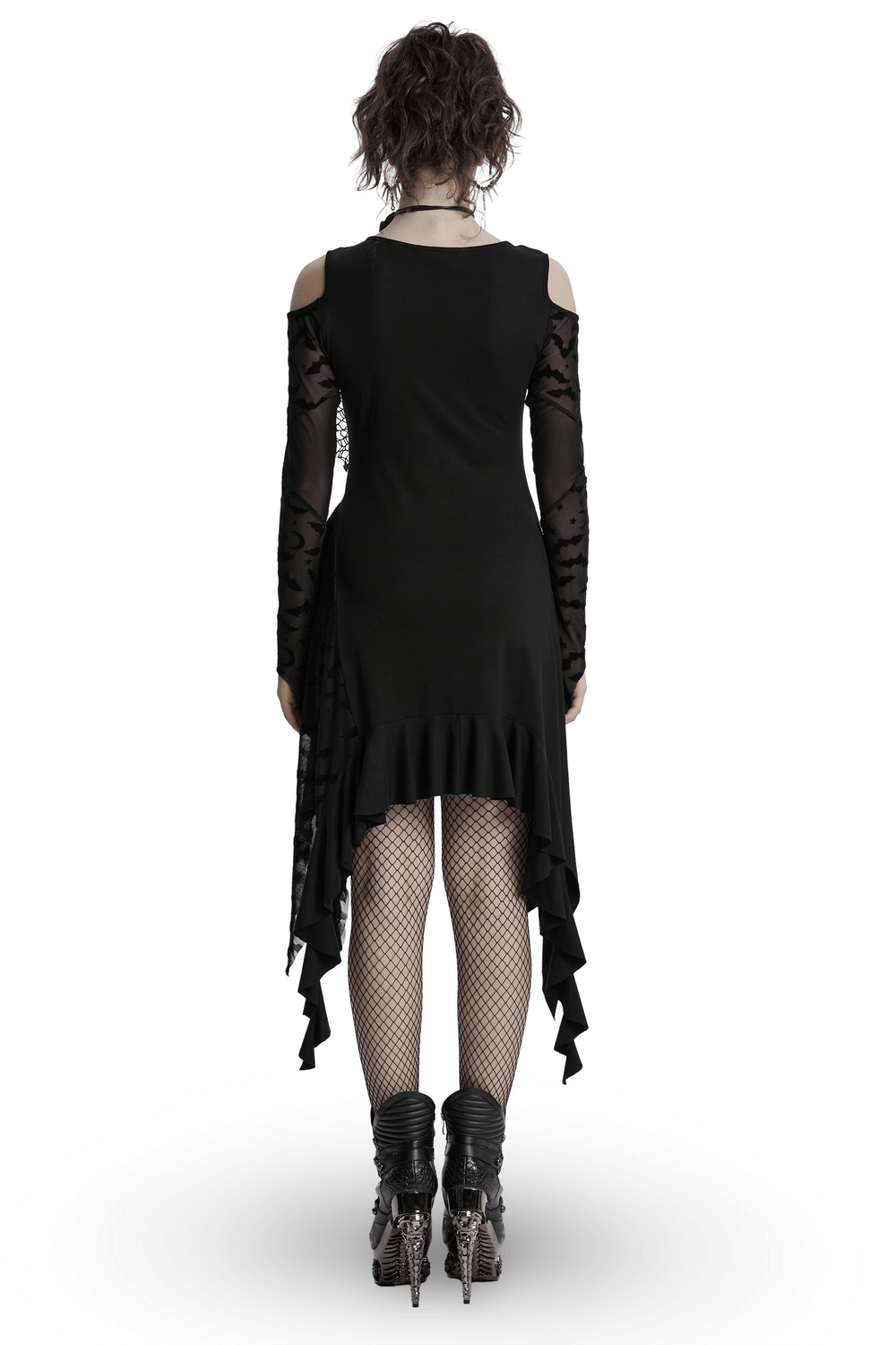 Gothic Black Bat Mesh Dress with Ruffled Hem and Sleeves - image 2