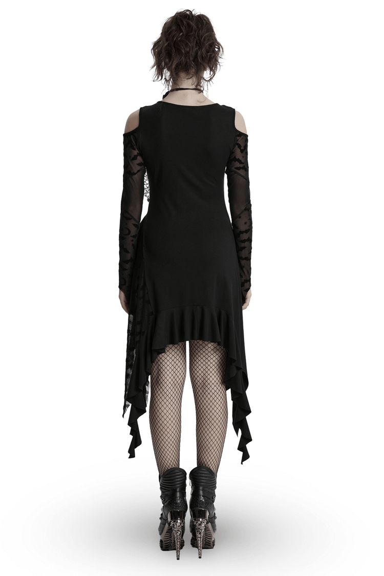 Gothic Black Bat Mesh Dress with Ruffled Hem and Sleeves - image 2