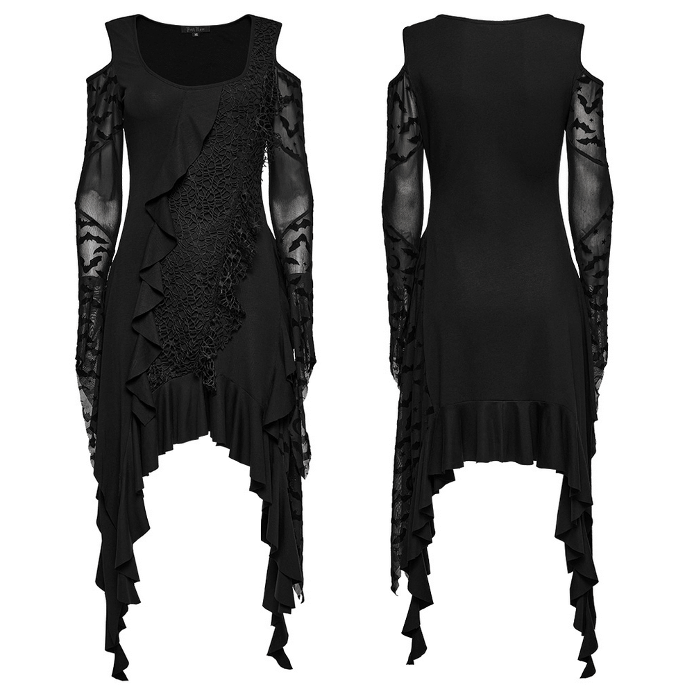 Gothic Black Bat Mesh Dress with Ruffled Hem and Sleeves - image 3