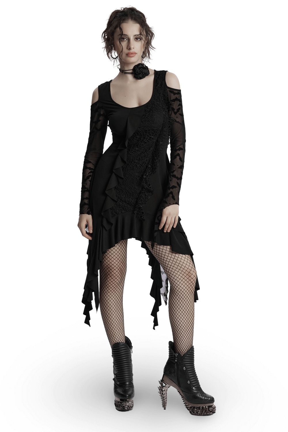 Gothic Black Bat Mesh Dress with Ruffled Hem and Sleeves - image 1