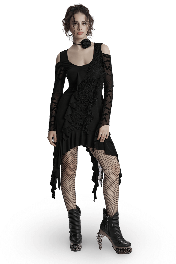 Gothic Black Bat Mesh Dress with Ruffled Hem and Sleeves - image 1