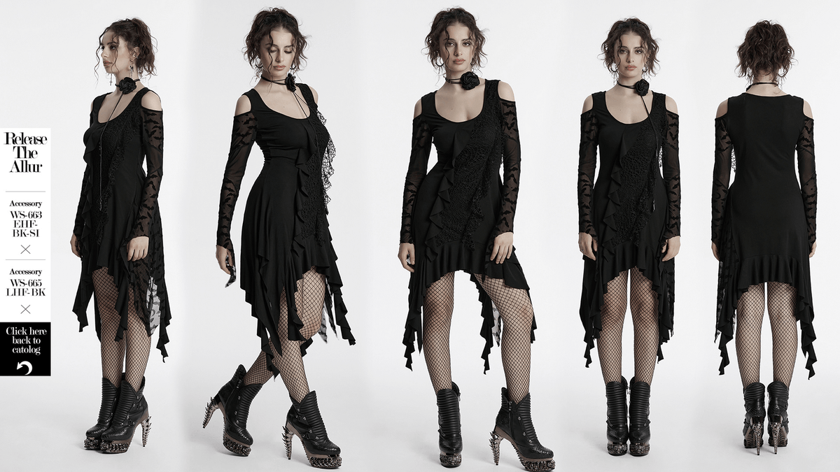 Gothic Black Bat Mesh Dress with Ruffled Hem and Sleeves - image 15