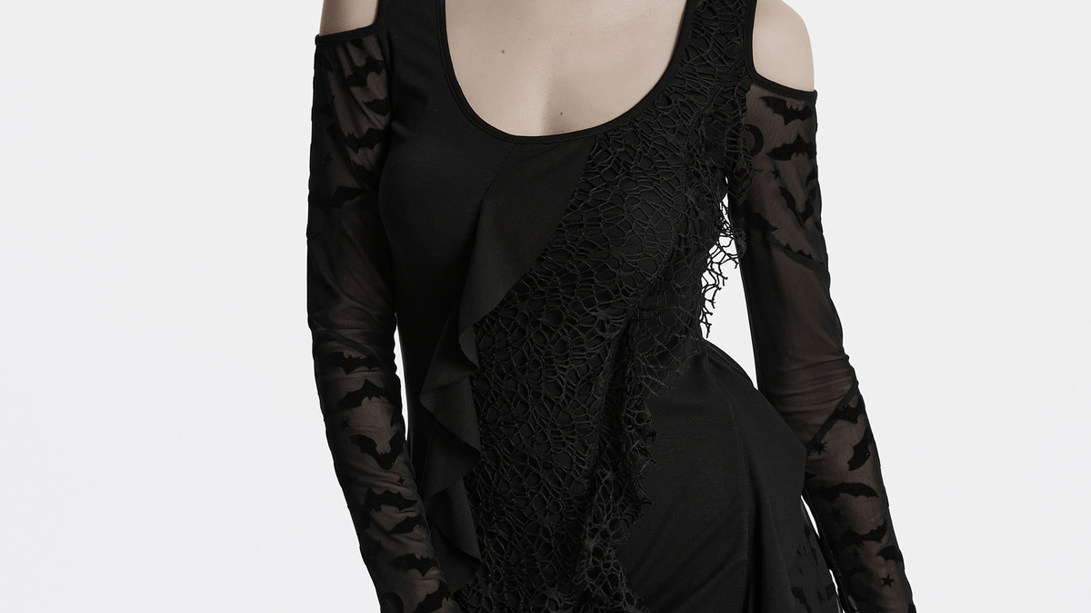 Gothic Black Bat Mesh Dress with Ruffled Hem and Sleeves - image 11