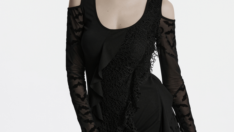 Gothic Black Bat Mesh Dress with Ruffled Hem and Sleeves - image 11
