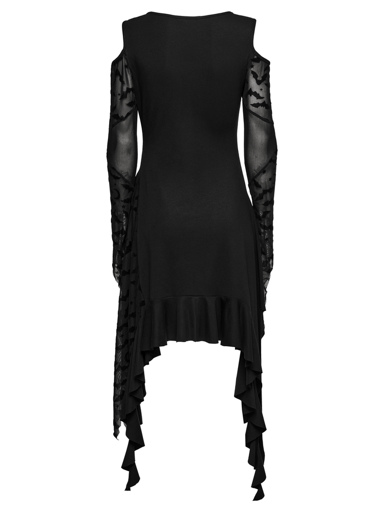 Gothic Black Bat Mesh Dress with Ruffled Hem and Sleeves - image 6