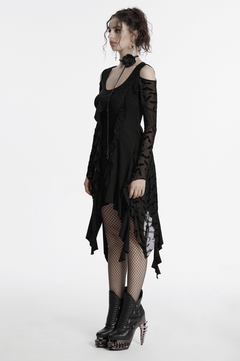 Gothic Black Bat Mesh Dress with Ruffled Hem and Sleeves - image 13