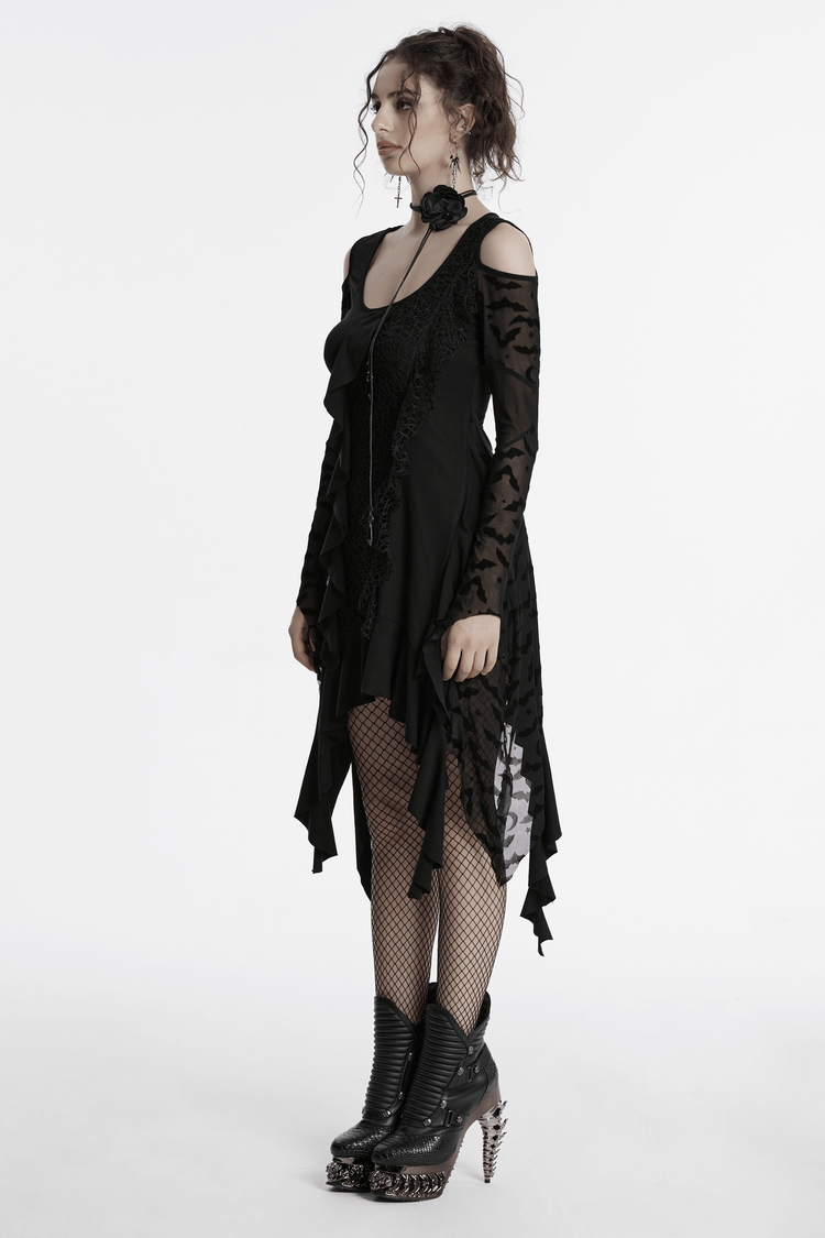 Gothic Black Bat Mesh Dress with Ruffled Hem and Sleeves - image 13