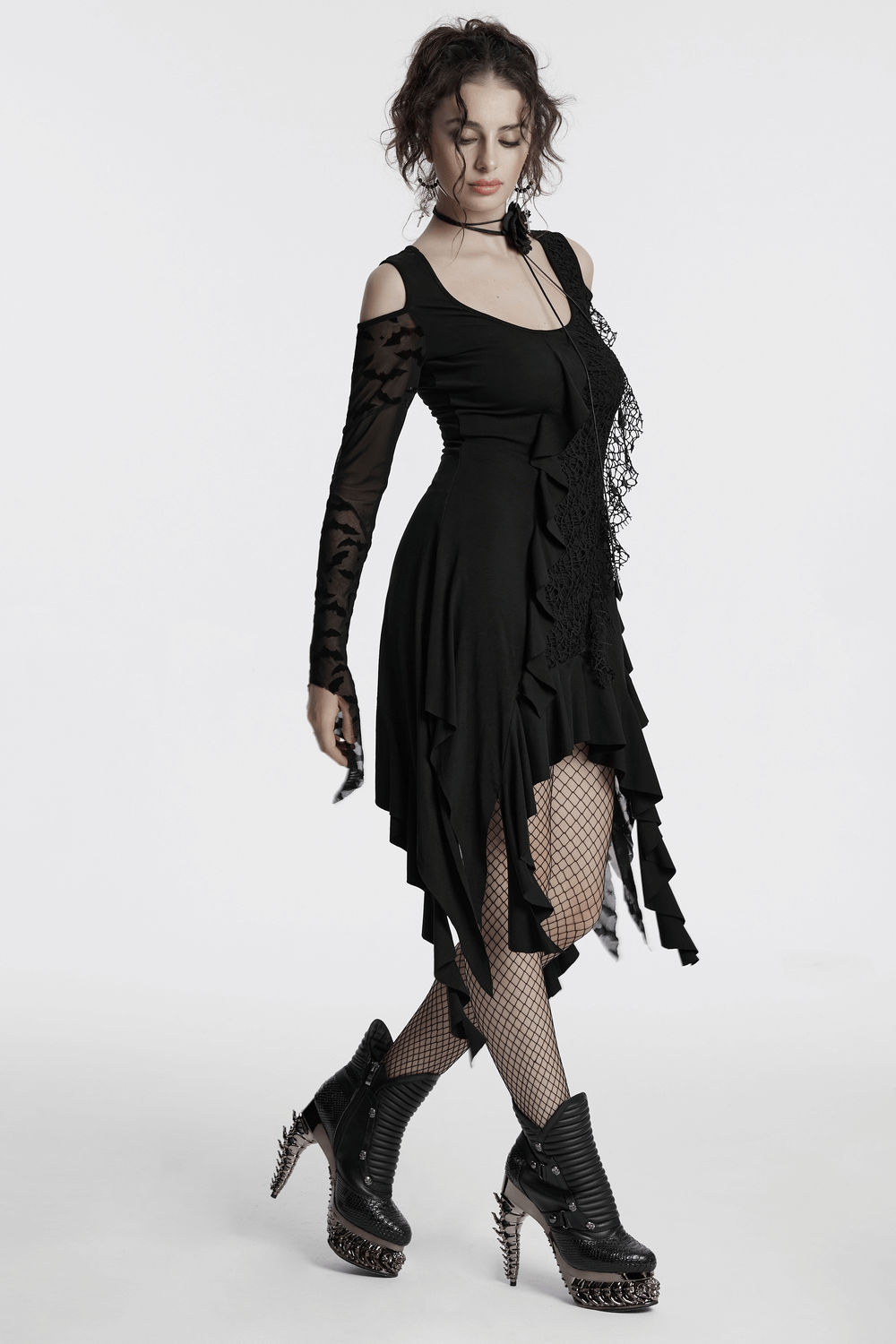 Gothic Black Bat Mesh Dress with Ruffled Hem and Sleeves - image 14
