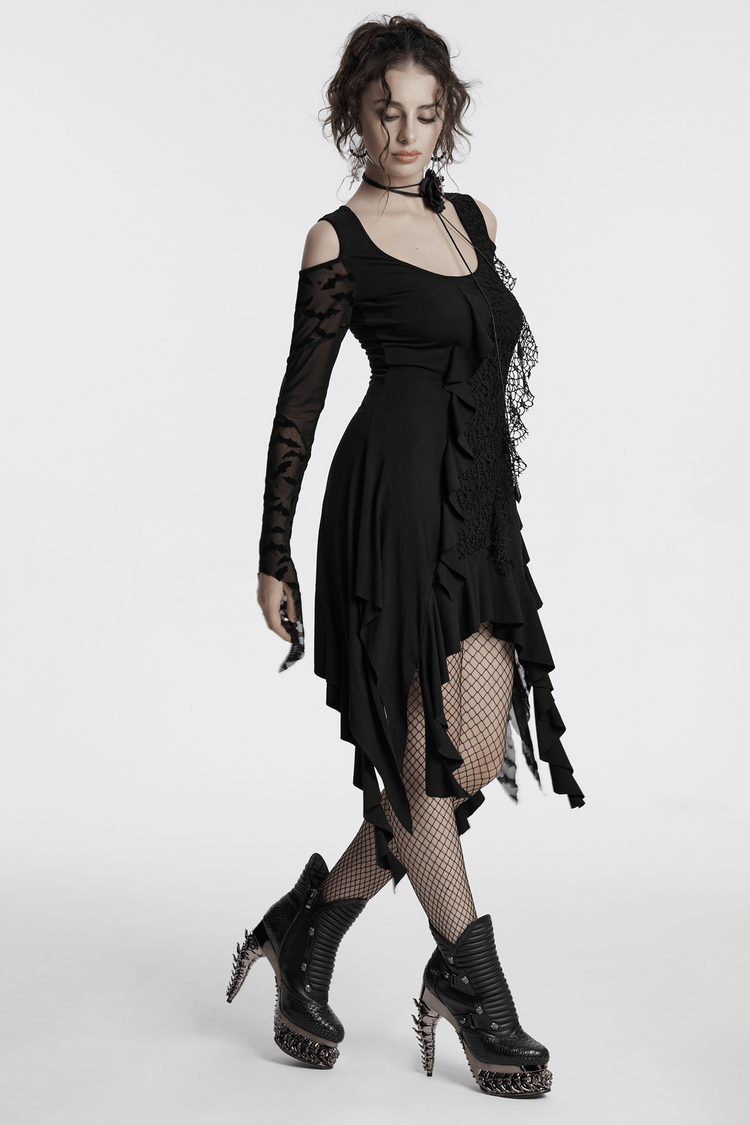 Gothic Black Bat Mesh Dress with Ruffled Hem and Sleeves - image 14