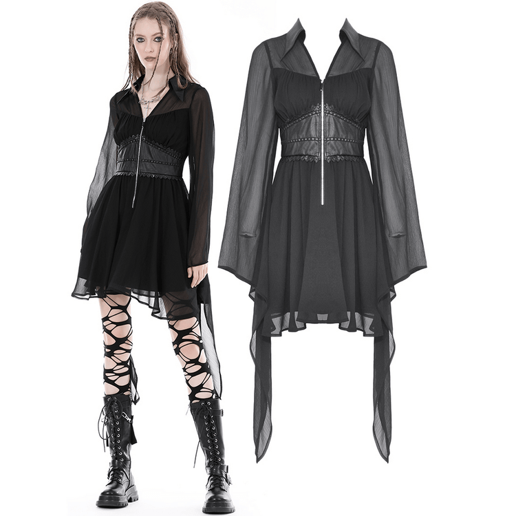 Gothic Black Dress With Lace-Up Detail And Flowy Sleeves - image 3