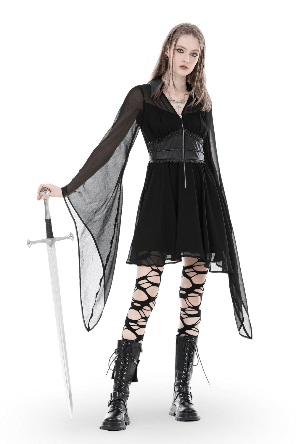 Gothic Black Dress With Lace-Up Detail And Flowy Sleeves - image 1