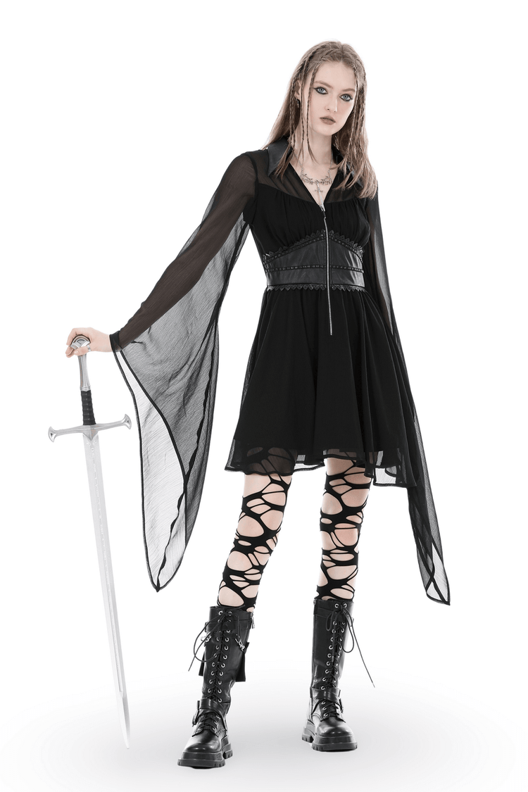 Gothic Black Dress With Lace-Up Detail And Flowy Sleeves - image 1