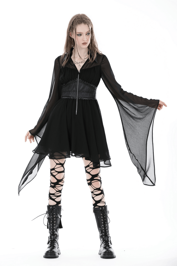 Gothic Black Dress With Lace-Up Detail And Flowy Sleeves - image 12