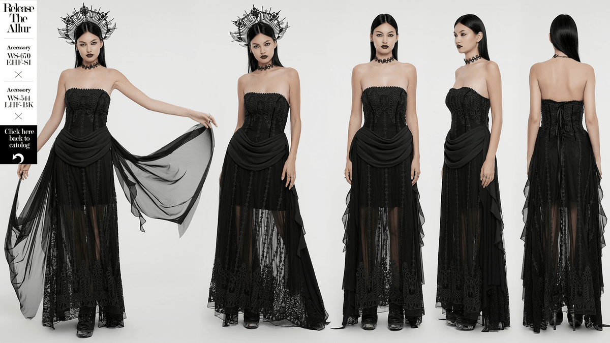 Gothic Black Floral Mesh Dress with Chiffon Layers - image 14