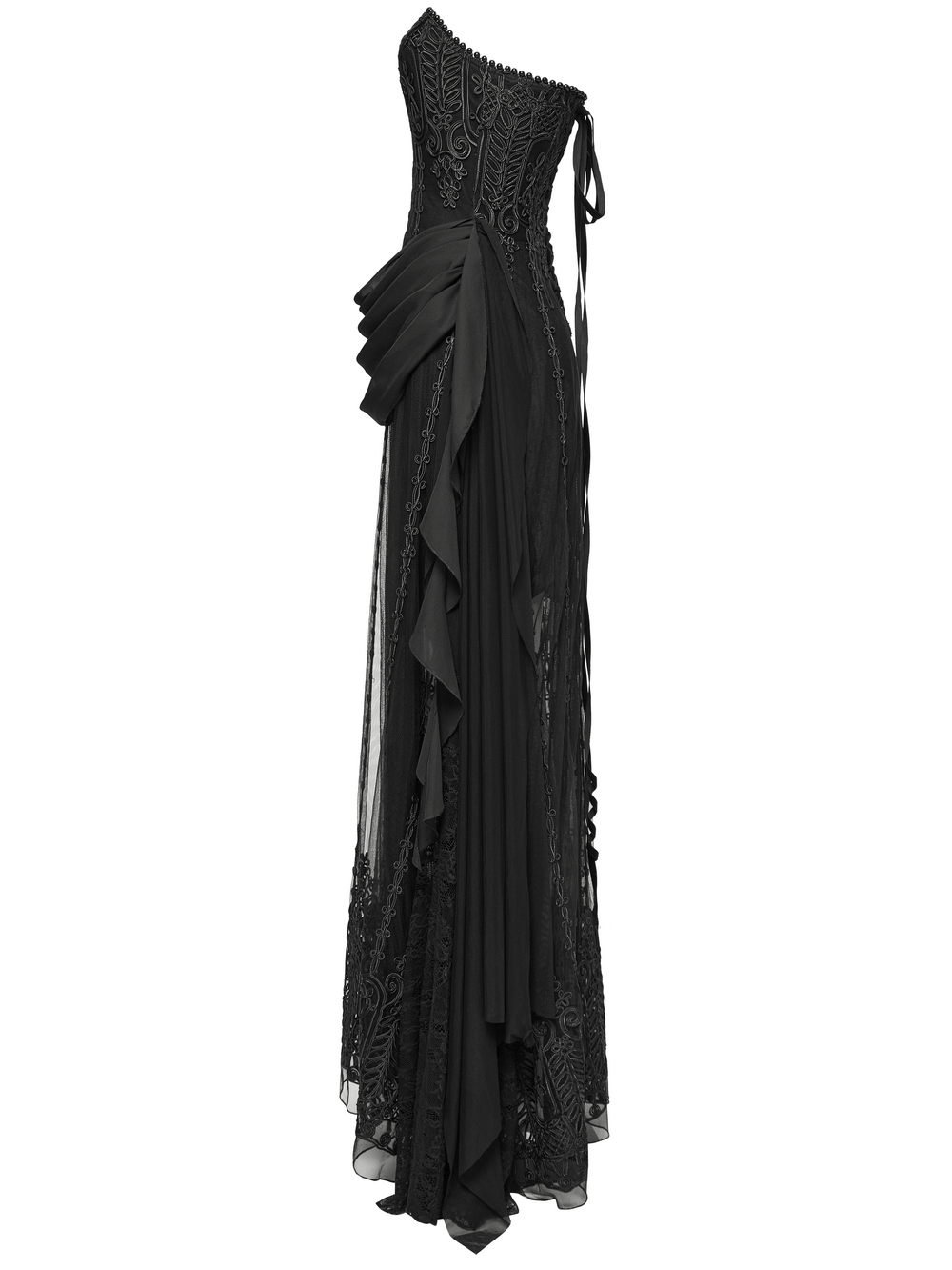 Gothic Black Floral Mesh Dress with Chiffon Layers - image 5