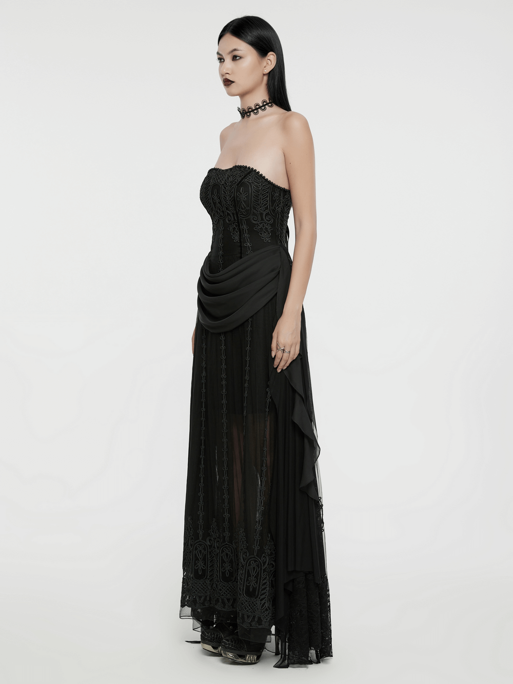 Gothic Black Floral Mesh Dress with Chiffon Layers - image 11