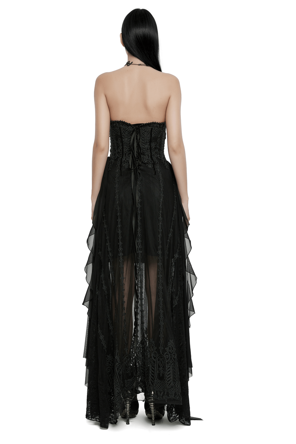 Gothic Black Floral Mesh Dress with Chiffon Layers - image 2