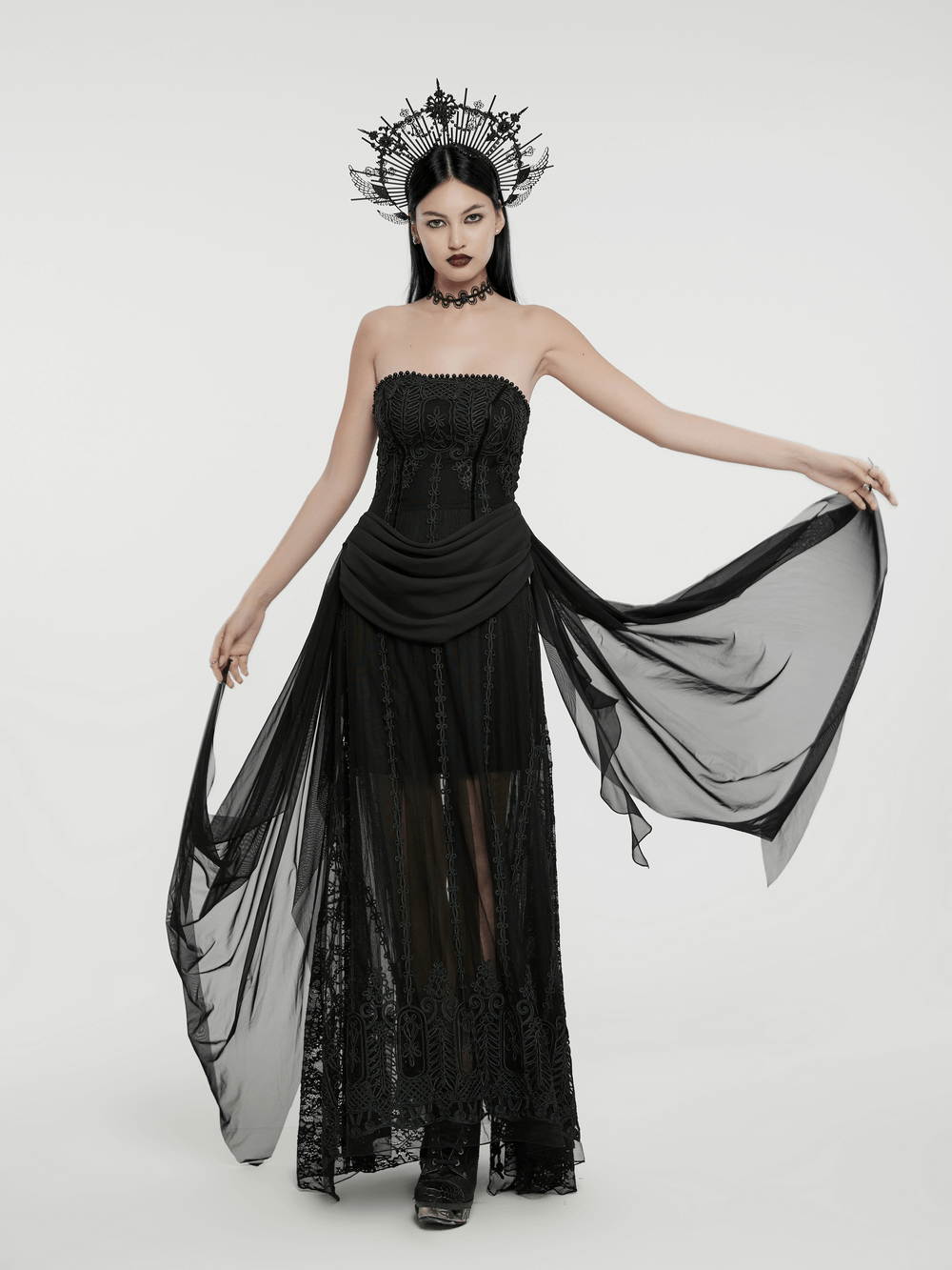 Gothic Black Floral Mesh Dress with Chiffon Layers - image 12