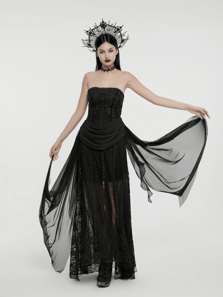 Gothic Black Floral Mesh Dress with Chiffon Layers - image 12