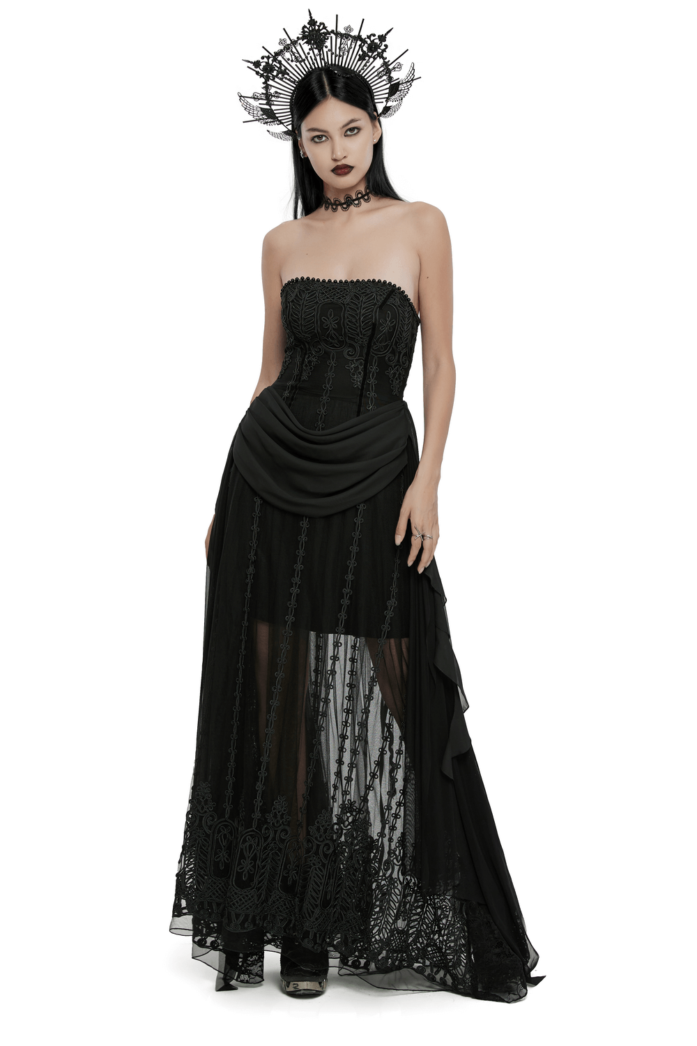 Gothic Black Floral Mesh Dress with Chiffon Layers - image 1