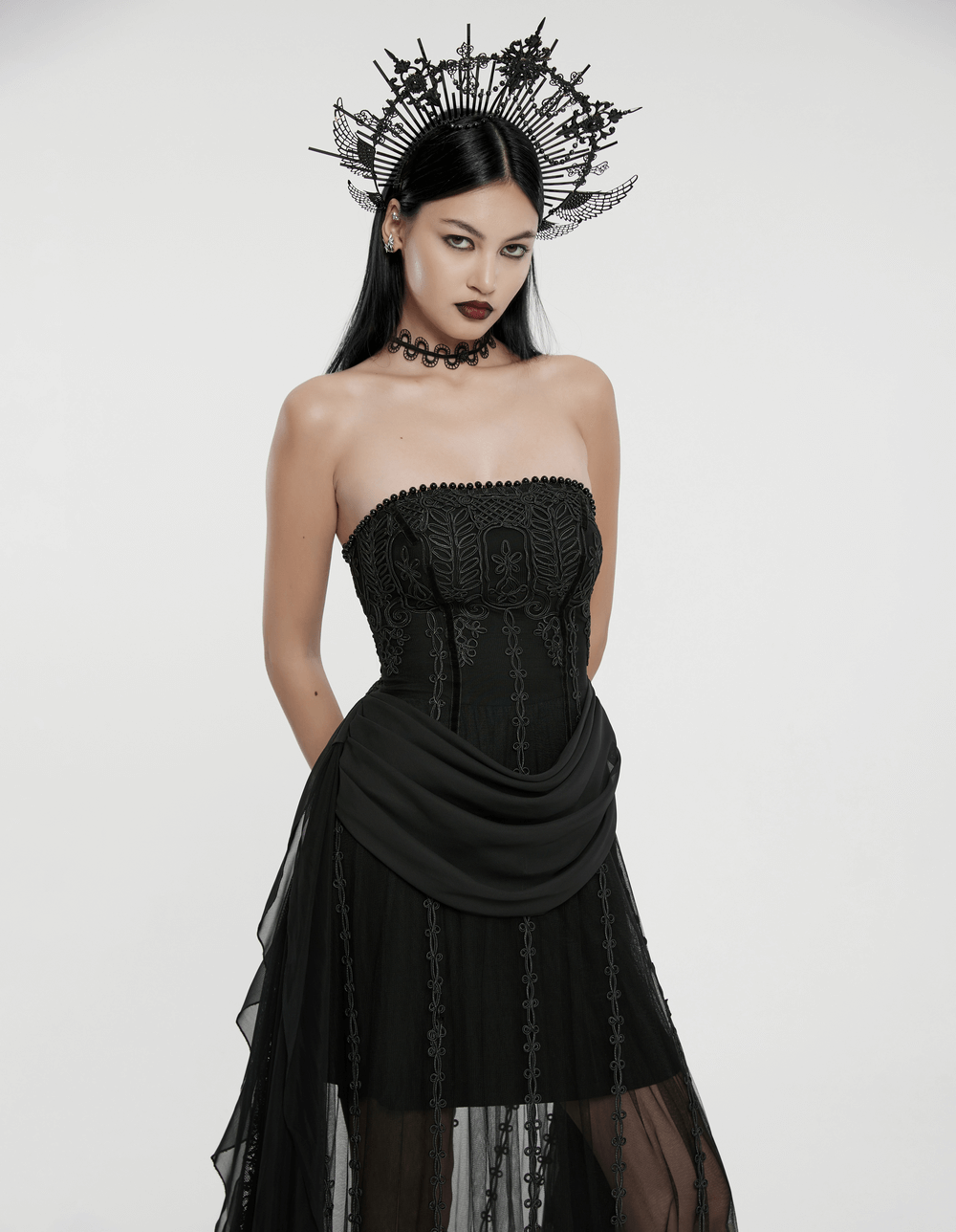 Gothic Black Floral Mesh Dress with Chiffon Layers - image 13