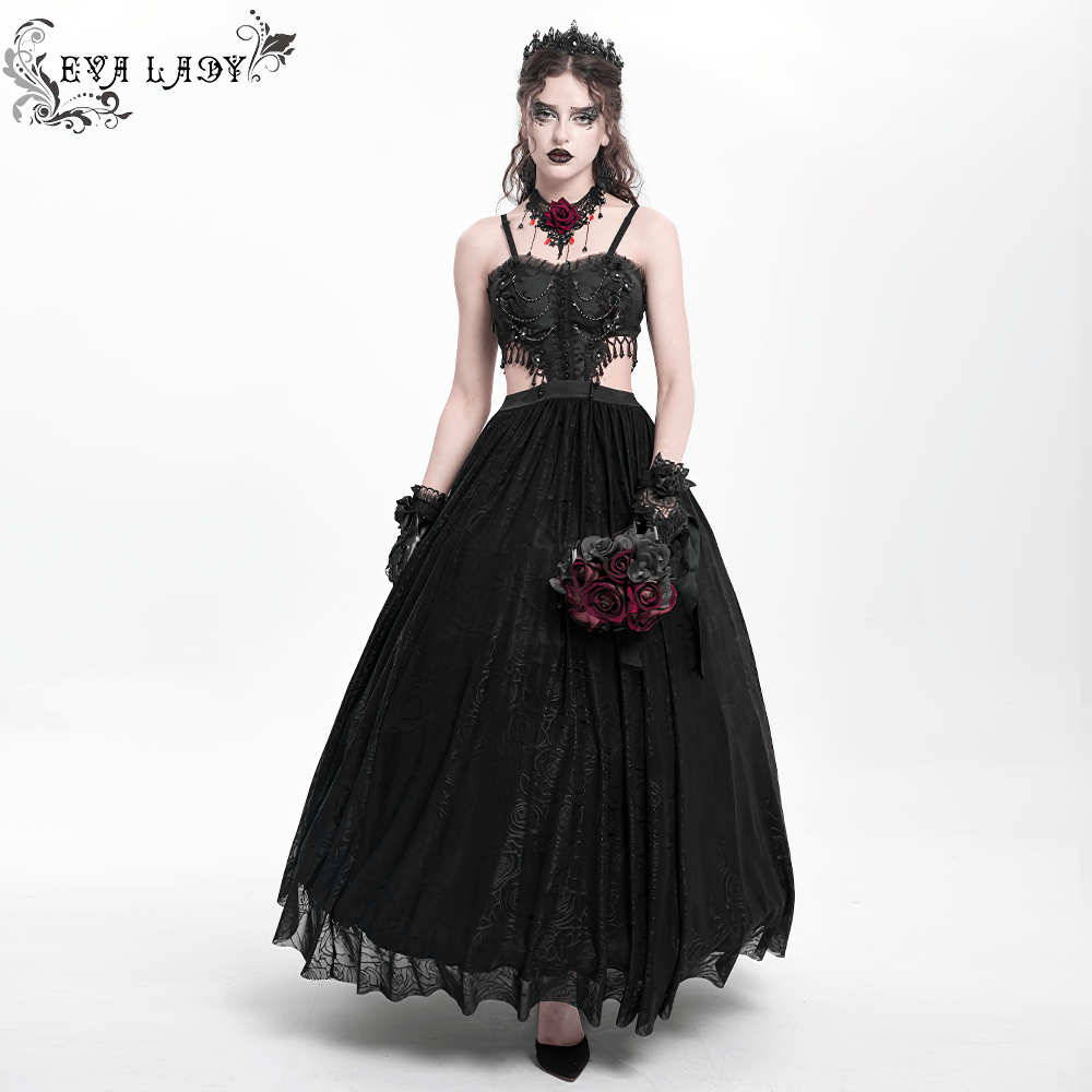 Gothic Black Lace and Rose Corset Dress with Flowing Skirt - image 13