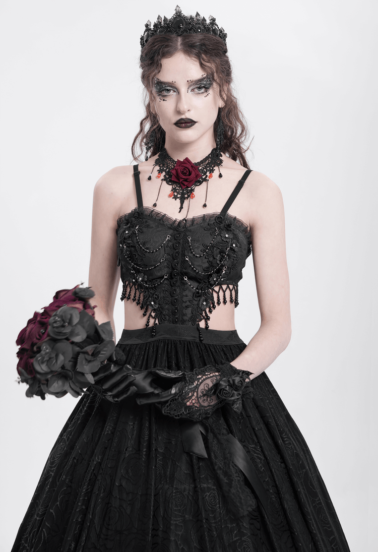 Gothic Black Lace and Rose Corset Dress with Flowing Skirt - image 12