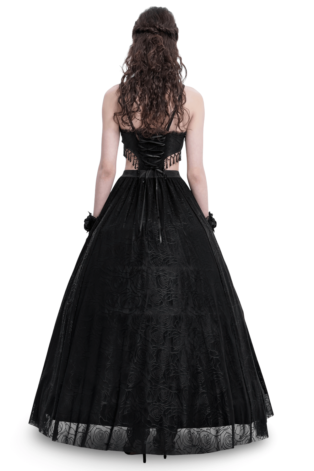 Gothic Black Lace and Rose Corset Dress with Flowing Skirt - image 2